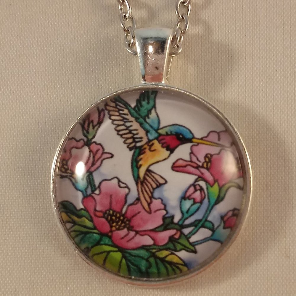 Silver Hummingbird Flower Illuminated Abstract Art Cabochon Pendant Necklace 20" - Picture 2 of 3